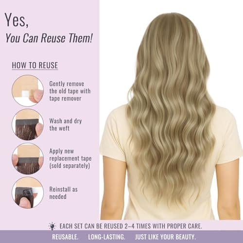 Fshine Tape in Hair Extensions 12 Inch 30g Dark Ash Blonde Highlighted Golden Blonde Hair Extensions Tape in Real Hair 20pcs Invisible Straight Blonde Tape in Remy Human Hair Extensions for Women — view 6