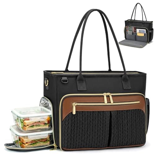RAINSMORE Teacher Tote Bag for Women, 15.6 Inch Laptop Bag for Women with Insulated Lunch Compartment, Professional Teacher Bags Womens Briefcase for Office, College, Nurse, Black