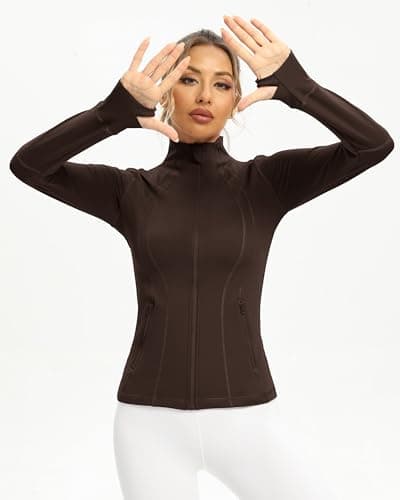 QUEENIEKE Workout Jackets for Women Full Zip Slim Fit Athletic Running Jacket with Thumb Holes (Roasted Brown, M) — view 2