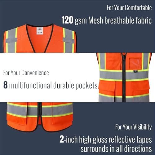 JKSafety Safety Vest for Men Women Hi Vis Vest with Pockets and Zipper Front Class 2 High Visibility Meet ANSI Standard Orange Color Extended Yellow Strips (BX320-Orange L) — view 3