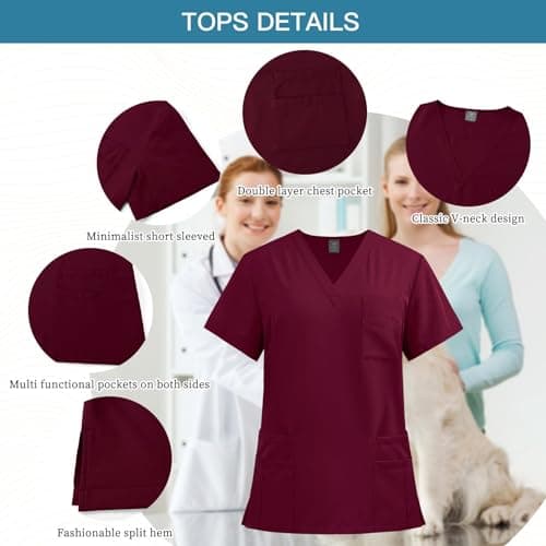 VIAOLI Scrubs Set Multiple pockets V-Neck Top and Drawstring Scrub Pant - Medical Uniform Women Scrub Set Clearance, Burgundy, Medium