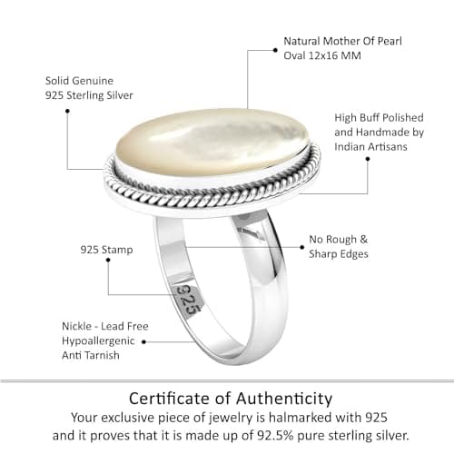 JEWELOPORIUM White Mother Of Pearl Silver Ring Size 7.5, 925 Sterling Silver Ring for Women, Natural Chunky Oval Gemstone Boho Jewelry — view 3