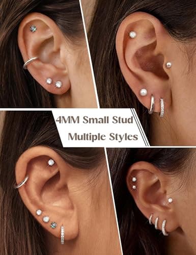 Jstyle Hypoallergenic Silver Stud Hoop Earrings for Women Small Flat Back Surgical Stainless Steel Earrings for Sensitive Ears Trendy Silver Hoops Cartilage Earring Stack Set Multiple Piercing Jewelry — view 3