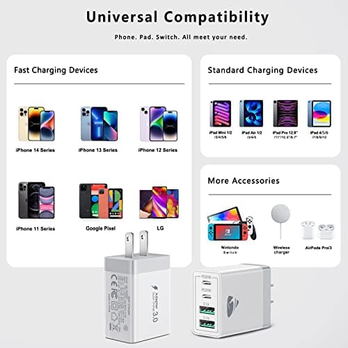 [2-Pack] USB C Wall Charger, 40W Fast USB C Charger Block, 4-Port PD Power Adapter + QC Wall Plug Multiport Type C Charging Block Cube Compatible with iPhone 16 15 14 13 12 11 Pro Max XR XS 8, Samsung — view 5