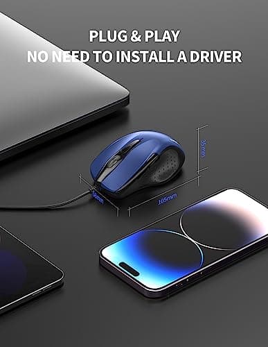 TECKNET USB Wired Mouse, 6-Button Corded Computer Mouse with 4 Adjustable DPI, Optical Computer Mice with Ergonomic Design and 5FT Cord for Laptop, Chromebook, PC, Desktop, Mac, Notebook-Blue — view 4