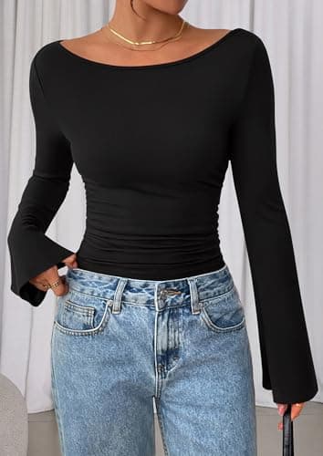 PRETTYGARDEN Women's Long Sleeve Shirt 2026 Fall Crop Going Out Tops Casual Boat Neck Bell Sleeve Ribbed Ruched Y2K Clothes (Black,Medium) — view 8