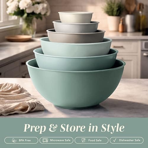 COOK WITH COLOR Mixing Bowls with TPR Lids - 12 Piece Plastic Nesting Bowls Set Includes 6 Prep Bowls and 6 Lids, Microwave Safe Mixing Bowl Set (Mint Ombre) — view 2