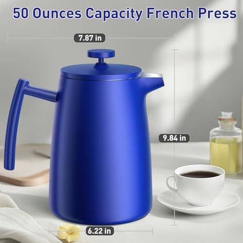 Secura 50oz French Press Coffee Maker – 304 Stainless Steel, Insulated Coffee Press with Extra Filter, Blue — view 6