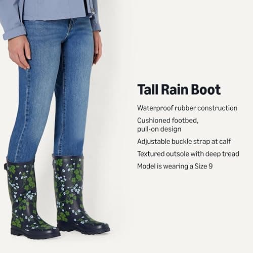Amazon Essentials Women's Waterproof Tall Rain Boot with Adjustable Buckle, Navy Floral, 8 — view 2