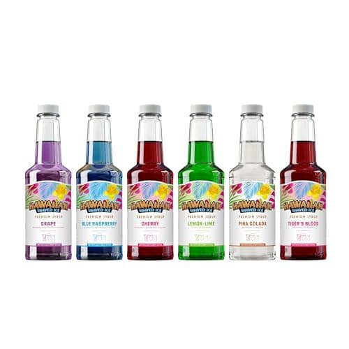 Hawaiian Shaved Ice 6 Syrup Assortment - Cherry, Grape, Blue Raspberry, Tiger's Blood, Lemon-Lime, Pina Colada - 50+ Servings - No Refrigeration - 16 oz bottles