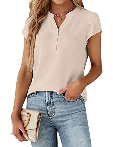 Blooming Jelly Women's Dressy Casual Tops Business Work Blouses Button Down Shirts Short Sleeve V Neck 2026 Summer Outfits (Apricot,X-Small)