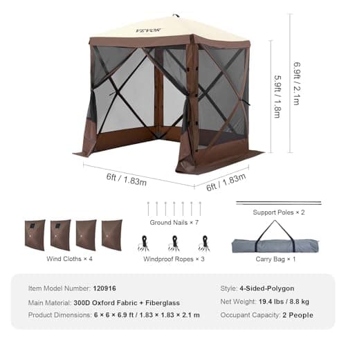 VEVOR Pop Up Gazebo Tent, Pop-Up Screen Tent 4 Sided Canopy Sun Shelter with 4 Removable Privacy Wind Cloths & Mesh Windows, 6x6FT Quick Set Screen Tents with Netting, Brown — view 7