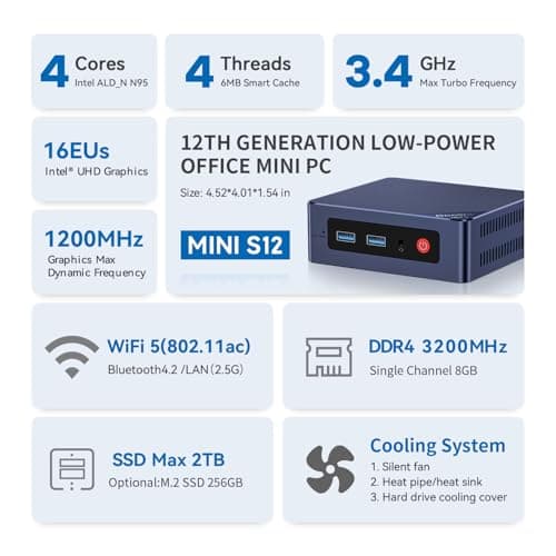 Beelink Mini S12 Mini PC, 12th Intel Alder Lake- N95 (4C/4T, up to 3.4GHz), 8GB DDR4 256GB M.2 SSD, Mini Desktop Computer Support 4K@60Hz Dual Display/WiFi 6/BT5.2/USB 3.2/2.5GB LAN for Home/Office — view 2