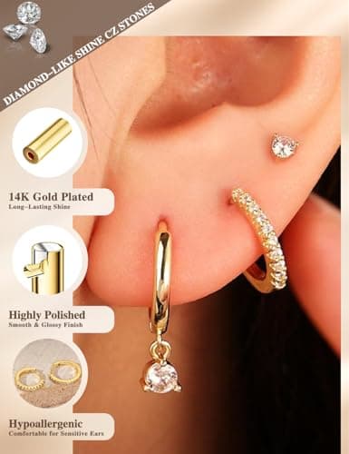 Freekiss Gold Stud Earrings for Women, Dainty Earring Set Simple Tiny 14K Gold Filled CZ Hypoallergenic Huggie Dangle Hoop Earrings Fashion Jewelry for Women Trendy Gifts — view 3
