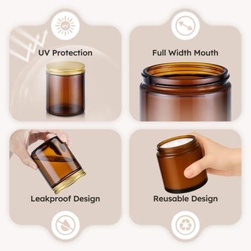 Tecohouse 8oz Amber Glass Jars with Gold Metal Lids, 3 Pack Candle Jars with Blank Labels, 250g Wide Mouth | Lotion Container for Sample, Cream, Lotion, Honey, Powder, Jelly | Home & Beauty — view 3