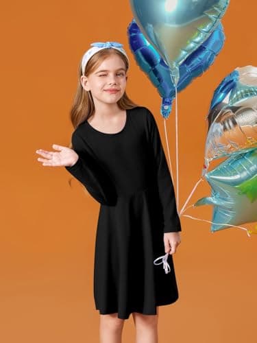 Haloumoning Girls Long Sleeve T-Shirt Dresses Kids Fall A-Line Twirly Skater Dresses 5-14 Years, Black, 9-10 Years — view 3
