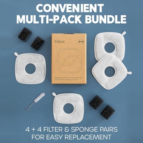 Veken Cat Water Fountain Filters, 4 Pack Replacement Filters & 4 Pack Replacement Pre-Filter Sponges Set for 67oz, 95oz, 135oz Automatic Pet Fountain Dog Water Dispenser — view 8
