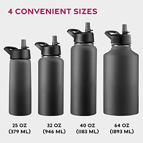 FineDine Water Bottle - Stainless Steel Insulated Water Bottle with Straw Lid, Flip Lid & Wide-Mouth Cap - Keeps Hot and Cold - 32 Oz / 946ml - Inky Raven Black — view 5