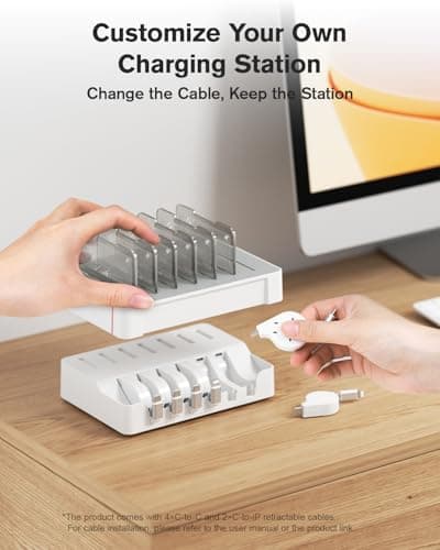SooPii HomeHub H1 Charging Station for Multiple Devices with 6 Retractable Cables（4*C+2*IP）,60W PD Charger Station for iPhone/Tablet,Tangle-Free Charging Organizer (White) — view 5