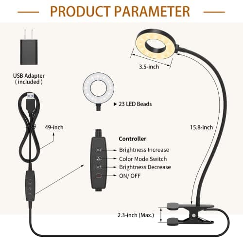 iZELL Desk Lamp, LED Reading Light with Clamp, 3 Color Modes & 10 Brightness Silicone Flexible Arm Book Light for Kids Reading Book in Bed at Night Clip on Table, Zoom Meetings - 15.8'' Black — view 8
