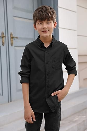 Haloumoning Boys' Long Sleeve Dress Shirts Classic Collared Button-Down Tshirt Solid Cotton Top with Chest Pocket, Black, 8-9 Years — view 2
