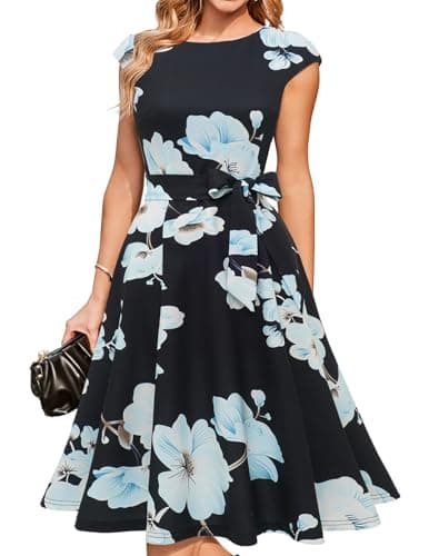 DRESSTELLS Women's Coctail Dresses Semi Formal Floral Wedding Guest Spring Summer Fancy Garden Tea Party Dinner Plus Size Dress Black Blue White Flower 3XL