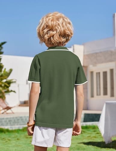 Arshiner Boys Button Down Shirt Short Sleeve Knit Shirt Summer Vintage Fashion Casual Beach Shirts for Kids 3-14 Years Army Green — view 2