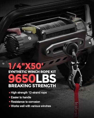 Kolvoii Synthetic Winch Rope Kit, 1/4" x 50ft 9,650lbs Winch Cable with Steel Hook, Protective Sleeve and Winch Cable Stopper for ATV UTV Off-Road Vehicle etc(Grey Rope, Black Hook)