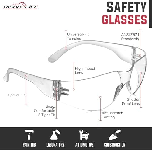 BISON LIFE Clear Safety Glasses Bulk 6 Pack, ANSI Z87.1 Anti Scratch Impact Resistant Wrap-Around Protective Eyewear for Men & Women, Work, Construction, Lab, Industrial Eye Protection — view 4