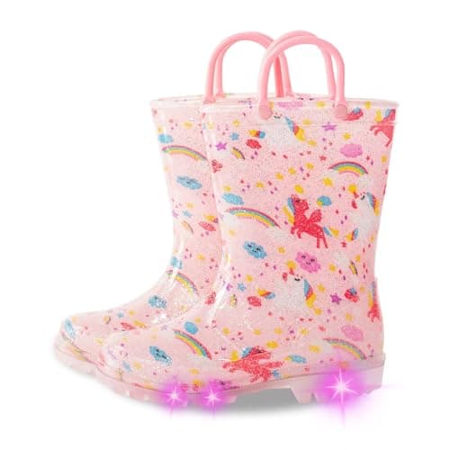 Toddler Rain Boots Kids Light Up Rain Boots for Girls Unicorn Waterproof Glitter Rainboot with Easy Pull On Handles, Little Kid Size 13