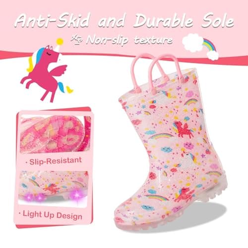 Toddler Rain Boots Kids Light Up Rain Boots for Girls Unicorn Waterproof Glitter Rainboot with Easy Pull On Handles, Little Kid Size 13 — view 2