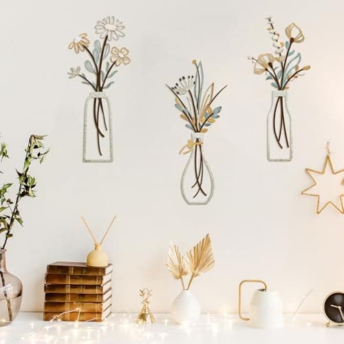 Pigort 3 Pieces Metal Flowers Wall Arts - Rustic Farmhouse Decor Beige Minimalist Flower Wall Decors for Living room Bathroom Bedroom Dining Room-Housewarming Gifts (Beige, Vase-C) — view 5