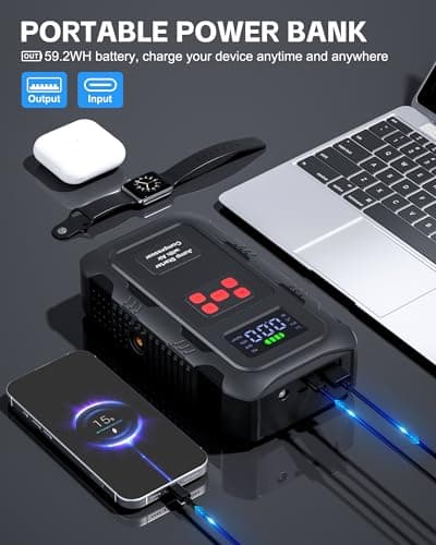 HPBS 5000A Jump Starter with Air Compressor, Portable Car Battery Jump Starter with 150 PSI Tire Inflator for Up to 10.0L Gas and 8.0L Diesel Engines, 12V Jump Box Battery Charger Booster(Red) — view 4