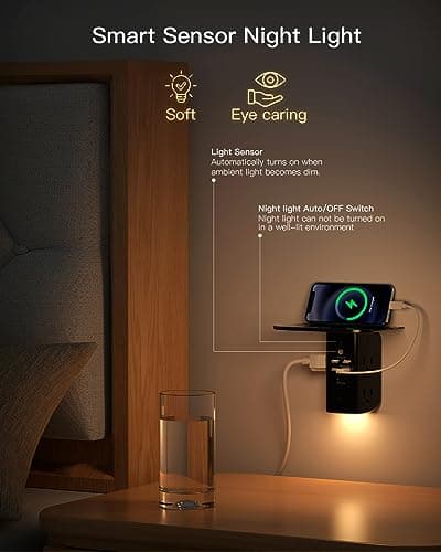Wall Outlet Extender with Shelf and Night Light,Surge Protector,USB Wall Charger with 5 USB Outlets and 3 USB Ports 1 USB C Outlet — view 2