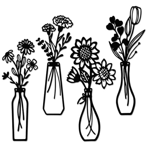 YOSHINE 4pcs Metal Flowers Wall Art, Black Minimalist Metal Wall Decor