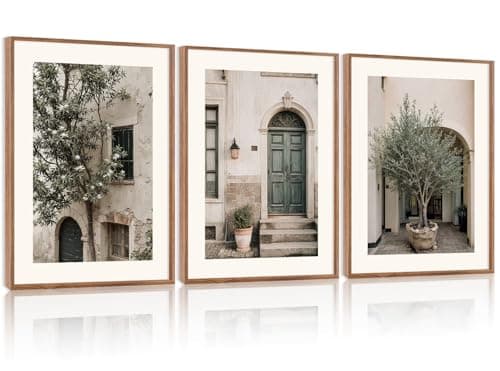 HPNIUB Vintage Italy City Landscape Framed Canvas Wall Art Set, Olive Green Tree Country Wall Decor, Modern Minimalist Countryside Villages Picture for Living Room,Office(Set of 3,12X16 Inch)