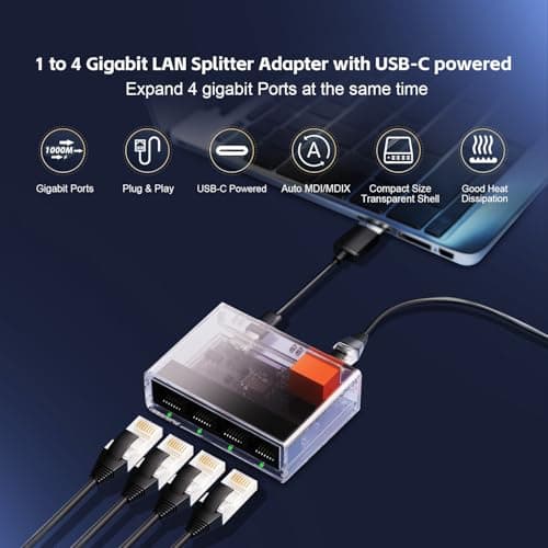 Gigabit Ethernet Splitter 1 to 4 Port, 1000Mbps High-Speed LAN Adapter with USB Cable, Mini Plastic YuLinca Network Hub, Plug & Play for Router, Modem, PC, IP Camera, Printer, Smart TV
