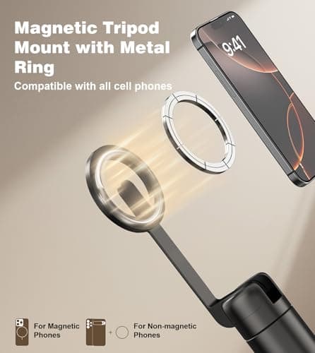 TONEOF 68" Magnetic Selfie Stick Tripod with Aluminum Strong Magnetic Holder for Magsafe, 360° Rotatable Travel Phone Tripod Stand with Metal Ring & Rechargeable Remote for iPhone/Android(Black)
