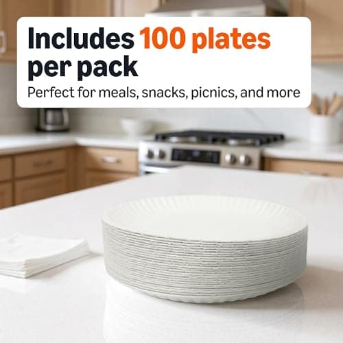 Amazon Basics 9" Uncoated White Paper Plates, Microwave Safe, 100 Count — view 2