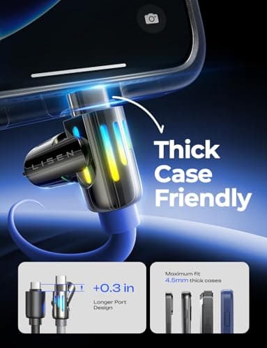 LISEN USB C to Lightning Cable, 240W 4 in 1 Charging Cable 6.6FT, Chubby USB A/C to C/Lightning with Light for iPhone Charger Fast Charging iPhone Air 17 16 15 14 Pro/MacBook/iPad, Dark Blue — view 5
