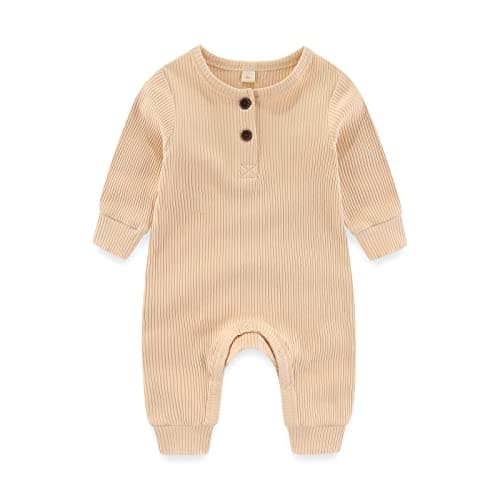 Newborn Baby Boys Girls One Piece Romper With Mitten Cuffs 3 Pack Long Sleeve Ribbed Button Jumpsuit Outfit Clothes white+apricot+gray 3 months — view 2