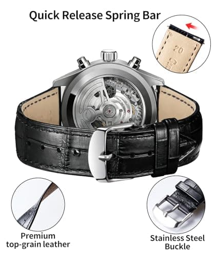 BINLUN Leather Watch Band Genuine Calfskin Replacement Watch Strap Quick Release Crocodile Pattern 10 Colors 13 Sizes for Men Women（Black,22MM） — view 2