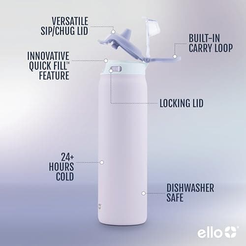 Ello Pop & Fill 22oz Stainless Steel Water Bottle with Quick Fill Technology, Double Walled and Vacuum Insulated Metal, Leak Proof Locking Lid, Sip and Chug, Reusable, BPA Free, Aurora — view 2