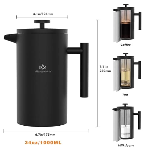 Miscedence French Press Coffee Maker, 4-Layer Filtration, Double Wall 304 Stainless Steel Coffee Press, Heat Resistant Rust-Proof, Multi-Use for Coffee Tea Espresso Home Office Travel