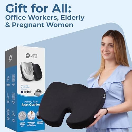 5 STARS UNITED Seat Cushion - Memory Foam Chair Cushion for Tailbone Pain Relief - Ergonomic Support for Coccyx, Sciatica & Butt - Office, Desk & Gaming Chair, Car Seat, Wheelchair, Airplane, Black — view 7