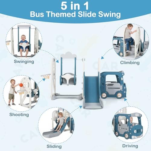 OLAKIDS Toddler Slide and Swing Set, 5 in 1 Bus Themed Baby Slide with Climber Basketball Hoop Car Playhouse for Indoor Outdoor Boys Girls Aged 3+ (Blue) — view 2