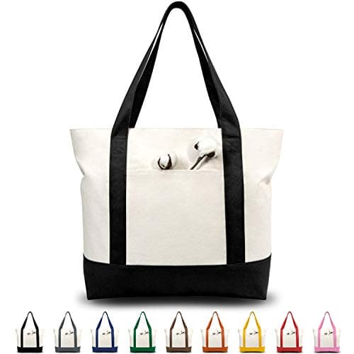 TOPDesign 1 | 3 | 6 | 30 Pack Canvas Tote Bag with an External Pocket, Reusable Grocery Shopping Bag, Top Zipper Closure, Daily Essentials (Black/Natural Pack of 1)