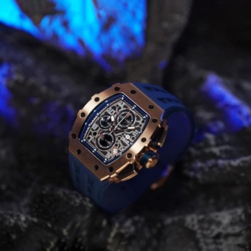 TSAR BOMBA Men's Luxury Quartz Watch, Luminous Dial 5ATM Water Resistance Silicone Strap Men's Wristwatch Ideal Gift for MenBlue Gold — view 8