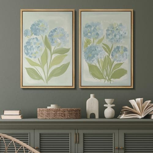 SIGNFORD Framed Canvas Print Wall Art Set Soft Hydrangea Pair Light Blue Florals with Green Leaves Illustration Modern Art Decorative Nature for Living Room, Bedroom, Office - 24"x36"x2 Natural — view 3