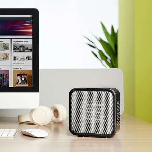 Amazon Basics Ceramic Portable Mini Space Heater for Office Desk, Indoor Use, Fast Heating, Energy Efficient, 500W, With Tip-Over Protection, Lightweight 1.4 lbs, Black, 5.87"D x 3.15"W x 5.95"H — view 5